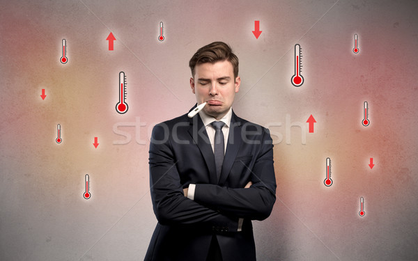 [[stock_photo]]: Affaires · thermomètre · fièvre · jeunes · fatigué · homme