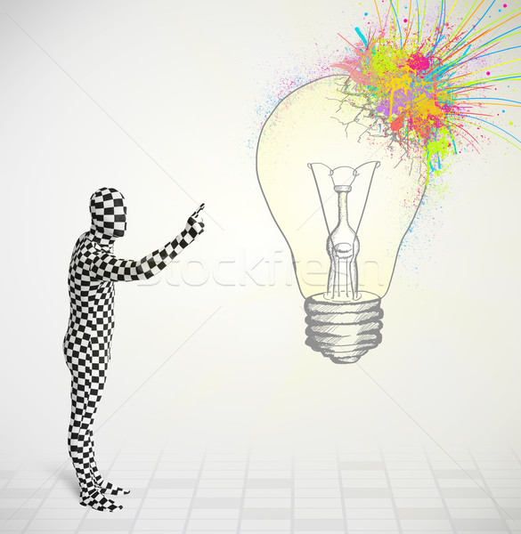 3d human character is body suit morphsuit looking at abstract colorful lightbulb Stock photo © ra2studio