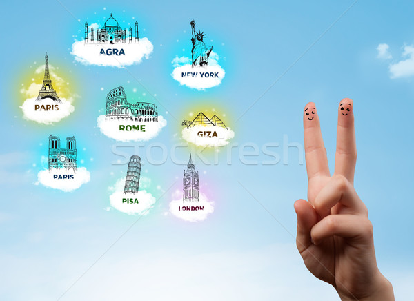 Vrolijk vinger smileys sightseeing iconen gelukkig Stockfoto © ra2studio
