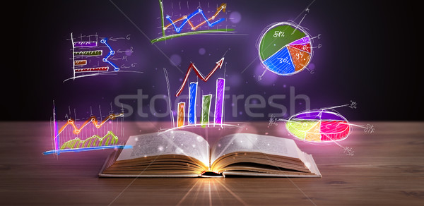 Book on wooden deck with glowing graph illustrations Stock photo © ra2studio