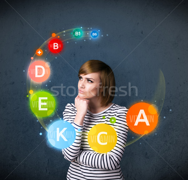 Young woman thinking with vitamins circulation around her head Stock photo © ra2studio