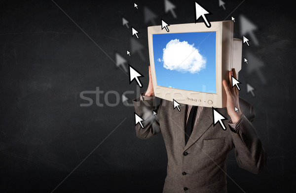 Business man with a monitor on his head, cloud system and pointe Stock photo © ra2studio