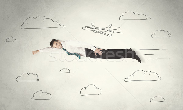 Cheerful business person flying between hand drawn sky clouds Stock photo © ra2studio