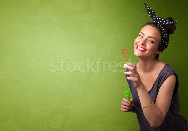 Bela mulher bolha de sabão cópia espaço verde mulher Foto stock © ra2studio