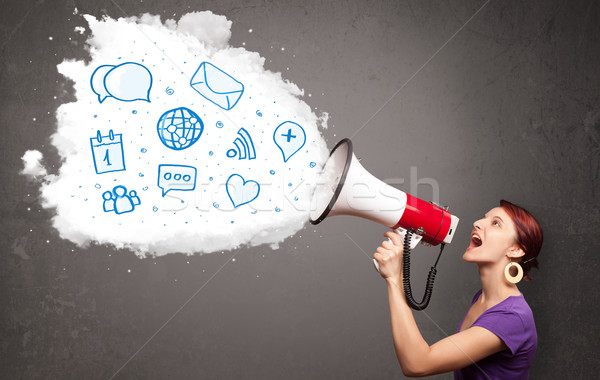 Young woman shouting into loudspeaker and modern blue icons and symbols come out Stock photo © ra2studio