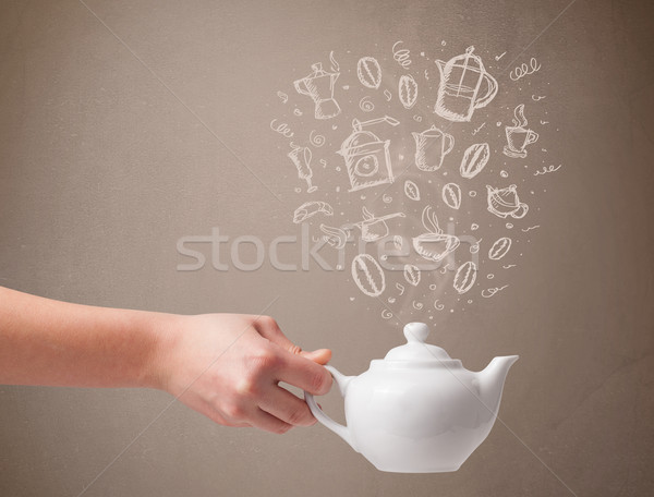 Tea pot with hand drawn kitchen accessories Stock photo © ra2studio