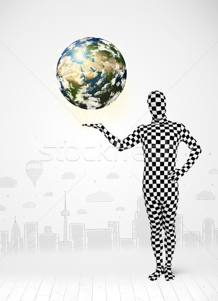 Férfi egészalakos öltöny tart Föld vicces Stock fotó © ra2studio