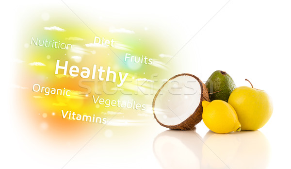 Colorful juicy fruits with healthy text and signs  Stock photo © ra2studio