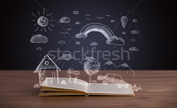 Stock photo: Open book with hand drawn landscape 