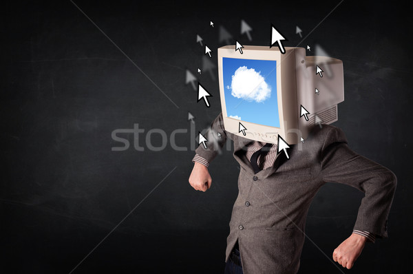 Business man with a monitor on his head, cloud system and pointe Stock photo © ra2studio