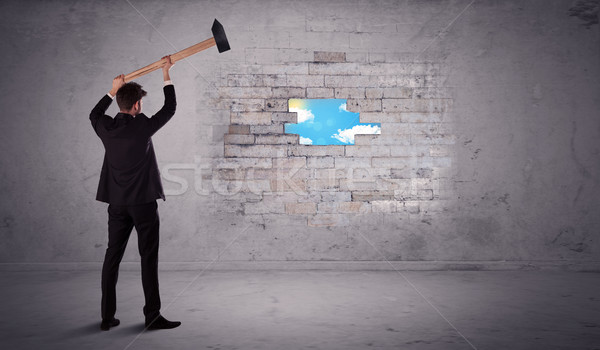 Business man hitting brick wall with hammer Stock photo © ra2studio