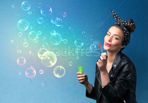 Stockfoto: Mooie · dame · kleurrijk · bubbels · Blauw