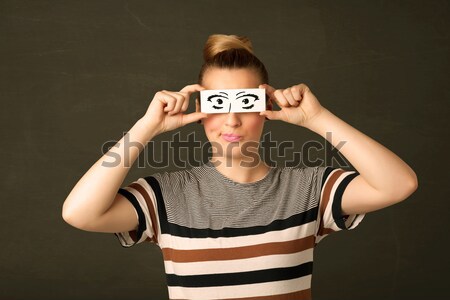 Boldog lány néz kézzel rajzolt papír szem szemüveg Stock fotó © ra2studio