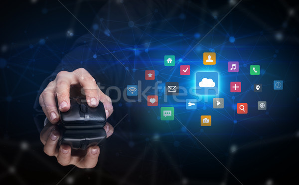 Kéz egeret használ felhő technológia online raktár Stock fotó © ra2studio