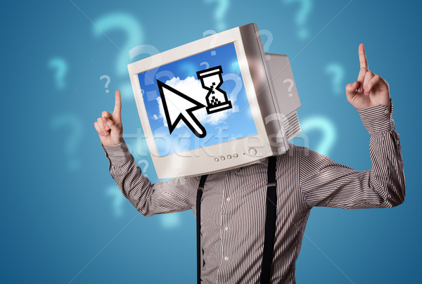 Stock photo: Person with a monitor head and cloud based technology on the scr