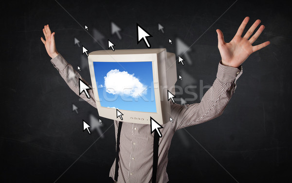 Business man with a monitor on his head, cloud system and pointe Stock photo © ra2studio