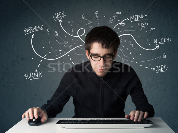 Stock photo: Young hacker with white drawn line thoughts