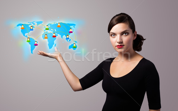 Fiatal nő tart virtuális térkép gyönyörű üzlet Stock fotó © ra2studio