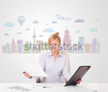 Pretty businesswoman with colorful city sky-scape background Stock photo © ra2studio