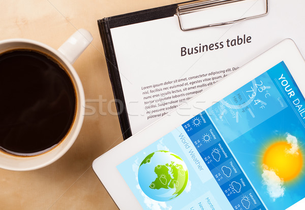 Workplace with tablet pc showing weather forecast and a cup of coffee on a wooden work table closeup Stock photo © ra2studio