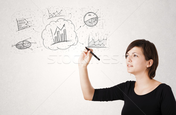 Young lady sketching financial chart icons and symbols Stock photo © ra2studio