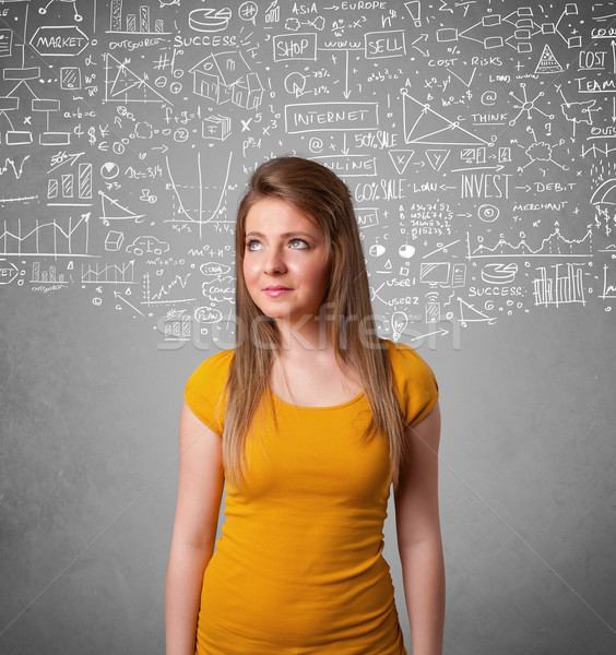 Young pretty lady with hand drawn calculations and icons Stock photo © ra2studio