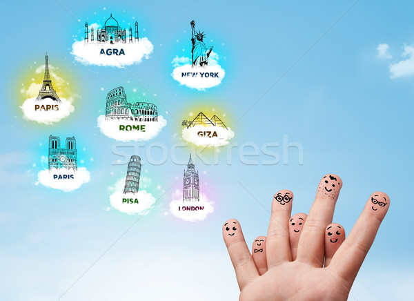Vrolijk vinger smileys sightseeing iconen gelukkig Stockfoto © ra2studio