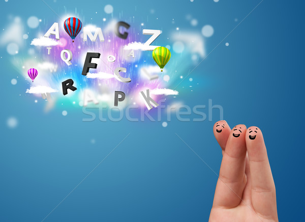 Stock photo: Happy cheerful smiley fingers looking at colorful magical clouds and balloons illustration