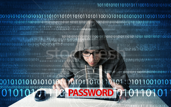 Jungen Geek Hacker Diebstahl Kennwort futuristisch Stock foto © ra2studio