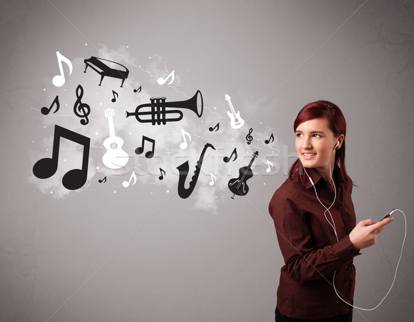 Beautiful young woman singing and listening to music with musical notes and instruments Stock photo © ra2studio