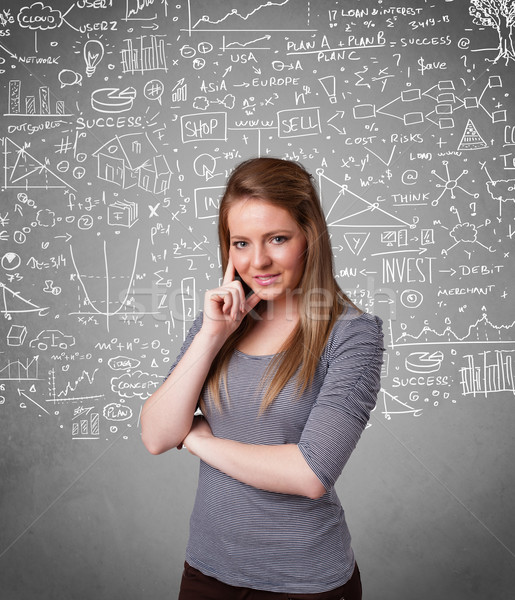 Young pretty lady with hand drawn calculations and icons Stock photo © ra2studio