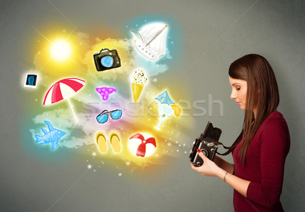 Teenage photographer making photos of holiday painted icons Stock photo © ra2studio