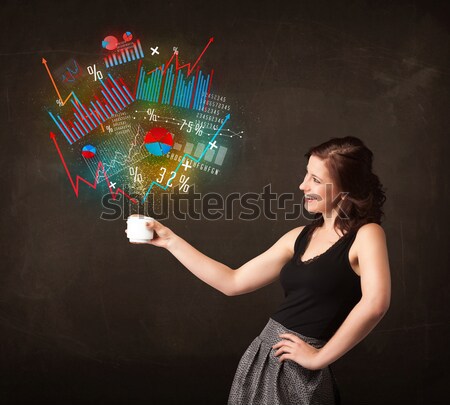 Businesswoman holding a white cup with diagrams and graphs Stock photo © ra2studio