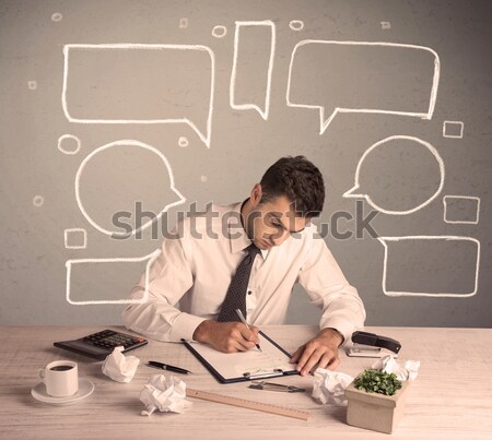 Elfoglalt irodai dolgozó rajzolt szöveg buborékok intelligens Stock fotó © ra2studio