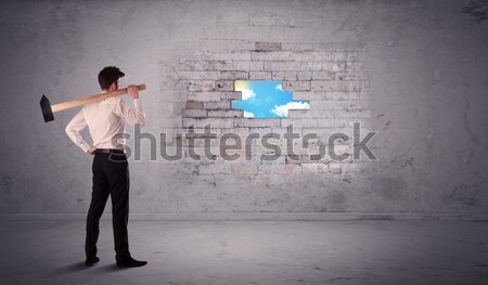 Business man hitting brick wall with hammer Stock photo © ra2studio