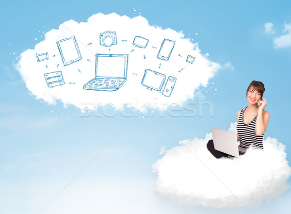 [[stock_photo]]: Jeune · femme · séance · nuage · portable · joli