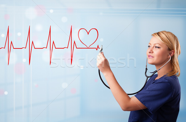 Jóvenes enfermera escuchar resumen pulso rojo Foto stock © ra2studio