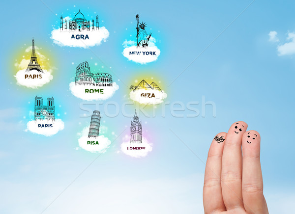 Cheerful finger smileys with sightseeing landmarks icons Stock photo © ra2studio