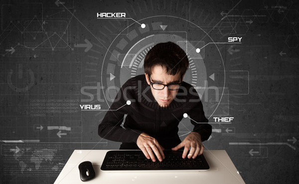 Foto stock: Jovem · futurista · hackers · pessoal · informação