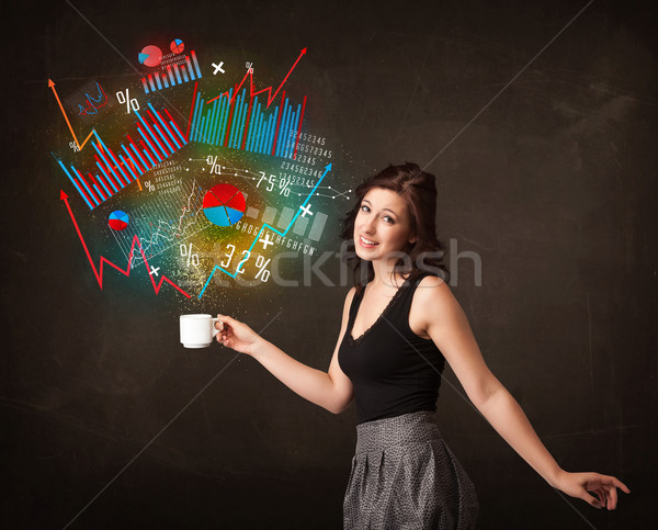 Businesswoman holding a white cup with diagrams and graphs Stock photo © ra2studio