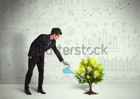 [[stock_photo]]: Homme · d'affaires · eau · ampoule · croissant · arbre