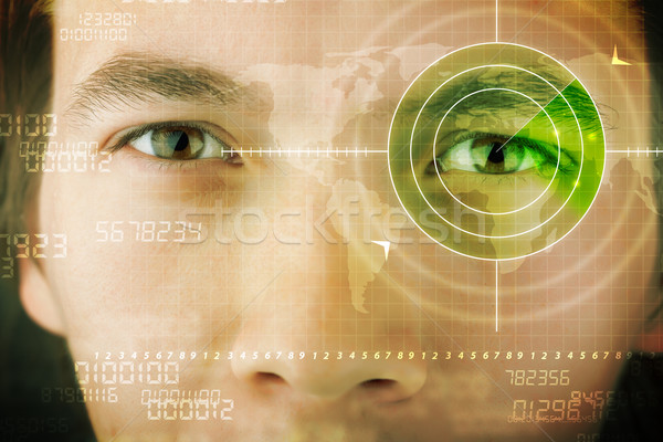 Stock photo: Modern man with cyber technology target military eye