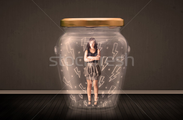 Zakenvrouw binnenkant glas jar bliksem tekeningen Stockfoto © ra2studio