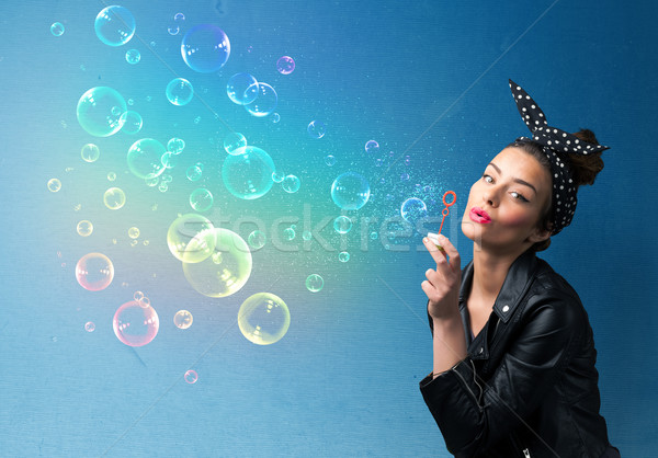 Mooie dame kleurrijk bubbels Blauw Stockfoto © ra2studio
