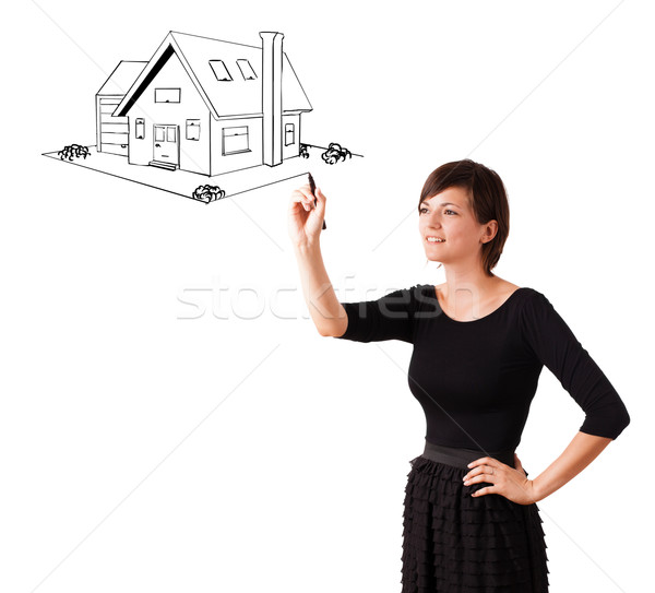 Stock fotó: Fiatal · nő · rajz · ház · tábla · izolált · fehér