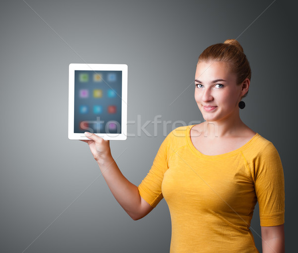 Stockfoto: Vrouw · moderne · tablet · kleurrijk · iconen