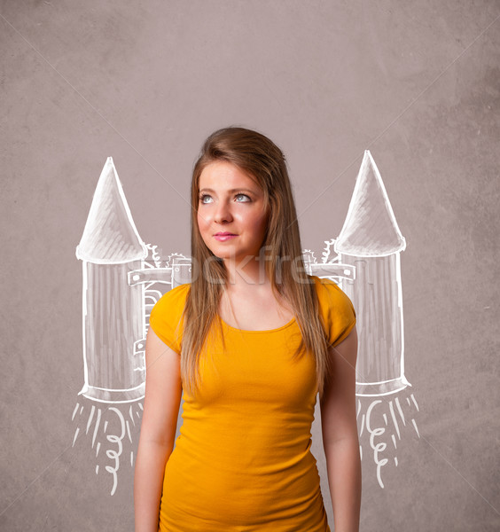 Cute girl with jet pack rocket drawing illustration Stock photo © ra2studio