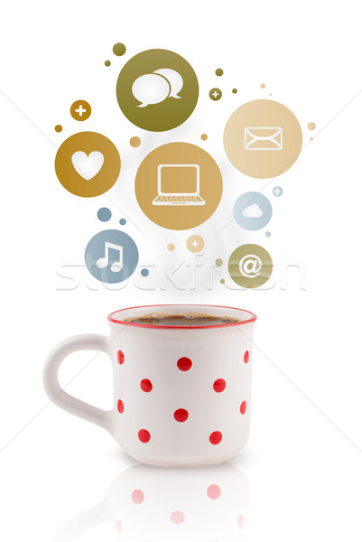 Foto stock: Taza · de · café · medios · de · comunicación · social · iconos · colorido · burbujas · aislado