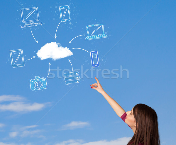 Stock foto: Mädchen · schauen · Cloud · Computing · blauer · Himmel · junge · Mädchen