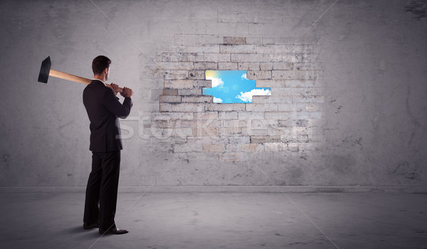 Business man hitting brick wall with hammer Stock photo © ra2studio